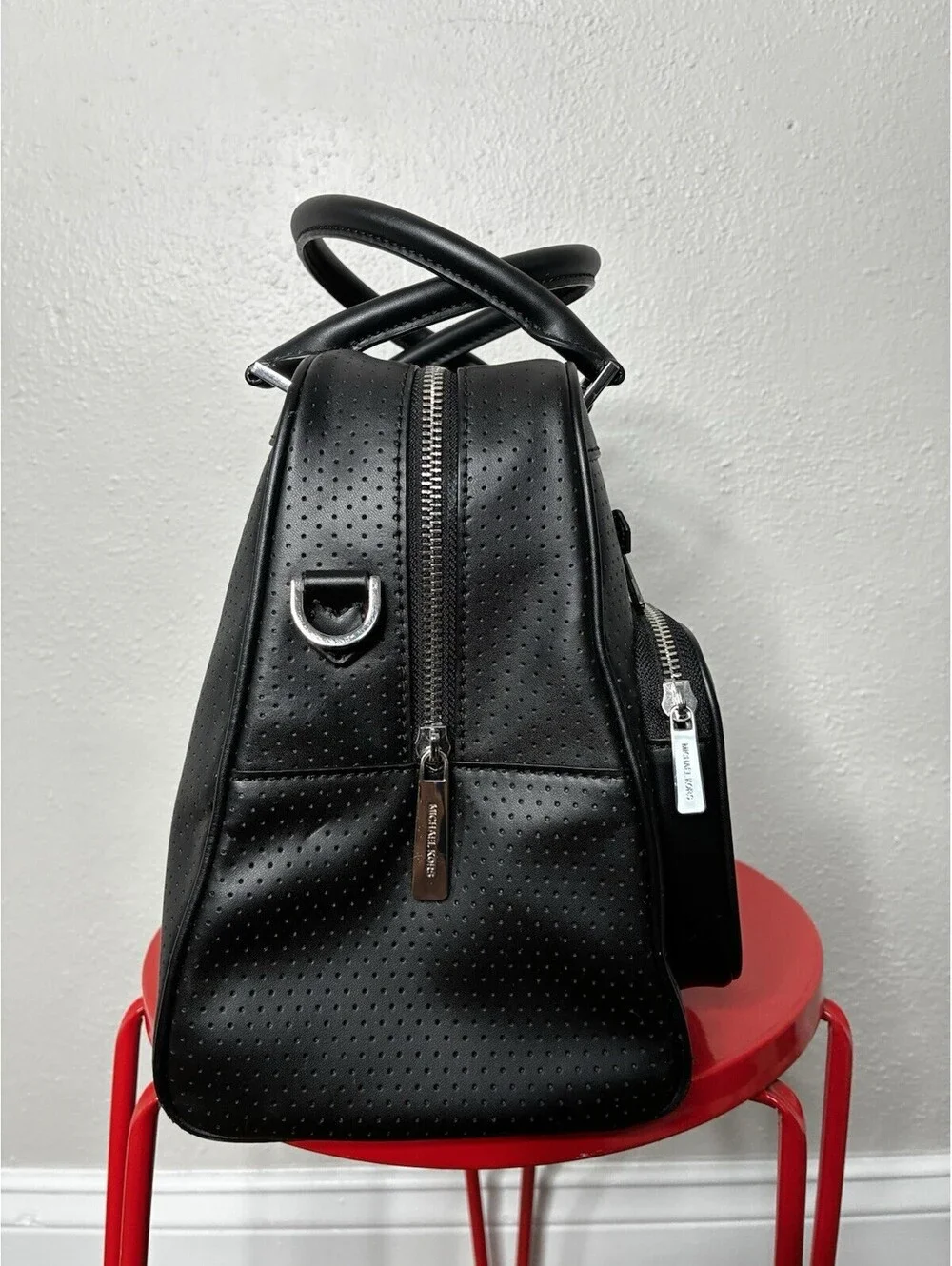 Michael Kors Hanover Black Perforated Leather Satchel Handbag Crossbody Strap